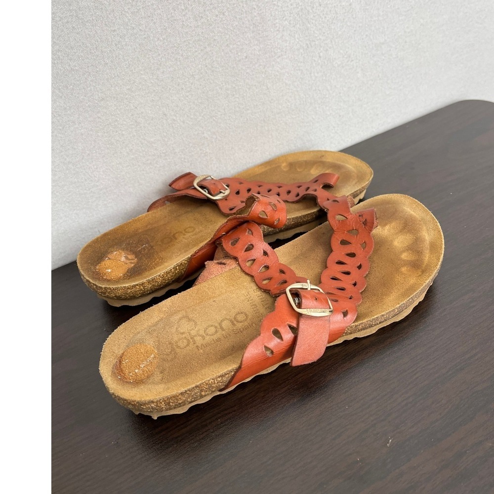 Yokono Womens Leather Scalloped Toe Loop Sandals‎ Brown Made in Spain Size 38